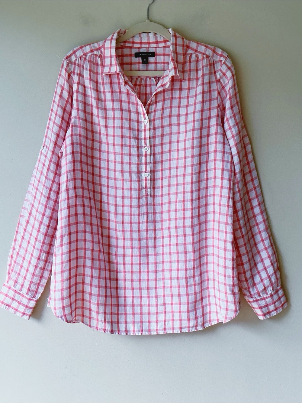 Land’s End 100% Linen Red & White Check Henley Style  Shirt Size M (10-12) - Picture 2 of 7